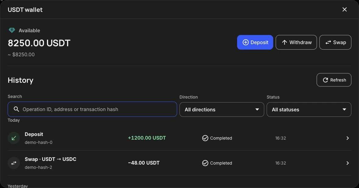 Girex USDT wallet with deposit, withdrawal, swap and transaction history using demo data