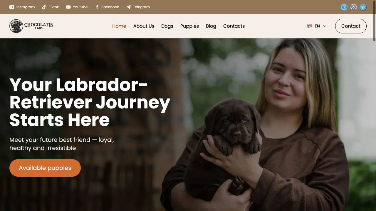 Chocolatin Labs homepage featuring the breeder and a Labrador puppy