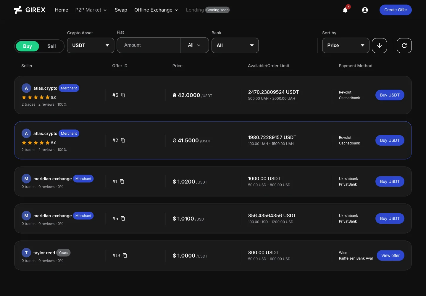 Girex P2P marketplace showing exchange offers and payment methods